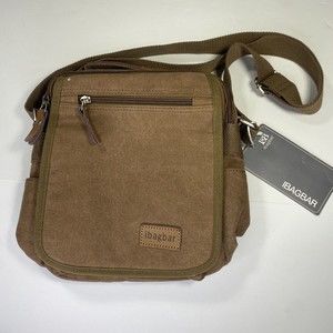 IBagBar Shoulder Messenger Bag Crossbody Brown Canvas Multiple Pockets Zip NEW